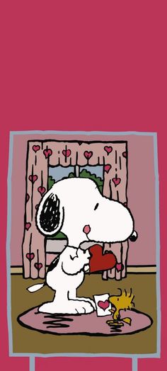 a cartoon snoopy dog and chickling in front of a mirror with hearts on it