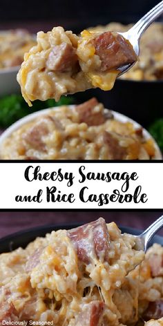 cheesy sausage and rice casserole in a bowl with a spoon