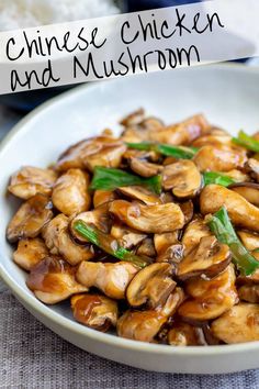 chinese chicken and mushroom in a white bowl