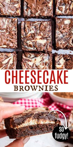 chocolate cheesecake brownies cut in half and stacked on top of each other with text overlay