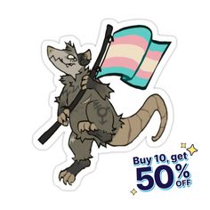 a sticker with an image of a rat holding a flag and the text buy 10 get 50 % off