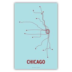 the chicago subway map is shown in red and blue, on a light blue background