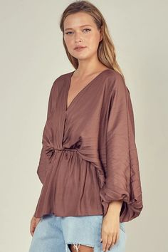 Truffle Brown Top - Three-Quarter Dolman Sleeve Top -Peplum Top | Bohopink Whimsigoth Style, Top With Open Back, Dolman Sleeve Top, Boho Pink, Boho Boutique, Chic Blouses, Dolman Sleeve Tops, Brown Top, Peplum Hem