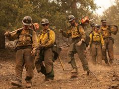 several fire fighters walking through the woods carrying their equipment on their backs and holding axes