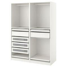 an open white closet with drawers and shelves