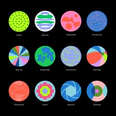 six different colored circles with the names of each type in them, all on black background