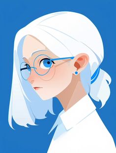 a woman with white hair and glasses looking off to the side on a blue background