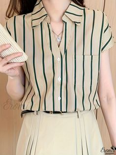 Eromis - Classic Striped Patch Pocket Blouse with Vintage V-neck and Cap Sleeves, Ideal for Spring & Summer – Womens Fashion Summer Khaki V-neck Blouse, Pocket Blouse, Shirting Fabric, Shirt Blouses Women's, Boho Shirts, Trendy Prints, Women's Summer Fashion, Spring Summer Fashion, New Arrival