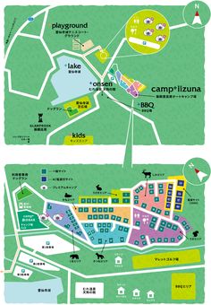 two maps showing the locations of various buildings and parks in japan, with different directions to each