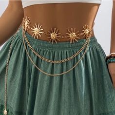 Questions? Leave A Comment Below! Body Chains, Free People Accessories, Nightclub Party, Hot Miami Styles, Gold Sun, Layered Chains, Spring Boho, Sabo Skirt, Belly Chain