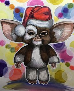 a painting of a small monkey wearing a santa hat and standing in front of colorful circles