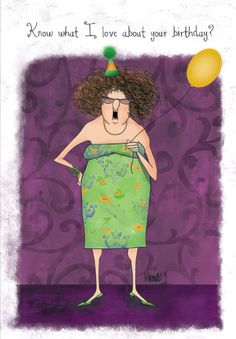 a woman in a green dress holding a balloon and saying, know what i love about your birthday?