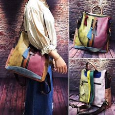 Top Seller for 2 Way Multicolor Vintage Patch Brushed Real Leather Backpack Purse Shoulder Bag, Women's Bags Leather Backpacks School, Retro Handbags, Backpack Pattern, School Bags For Girls, Backpack Women, Retro Mode, Backpack School, Retro Women, Colored Leather