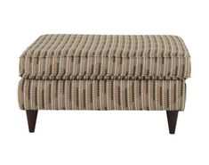 a striped ottoman with wooden legs on a white background