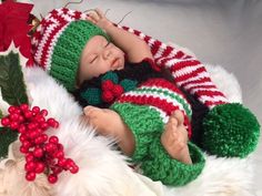 Elf Christmas costume for newborn - hand knit 3 pc set, romper with two shoulder buttons and trimmed crocheted holly berries, crocheted leg warmers, photo prop, costume, baby shower, model baby is 20", Unforgettable Christmas Photos - boy or girl - warm and cuddly, hand made to last a lifetime Crochet Leg Warmers, Classic Christmas Movies, Xmas Outfits, Baby Fashionista, Set Photo, Elf Costume, Baby Christmas Outfit, Christmas Costume, Elf Christmas