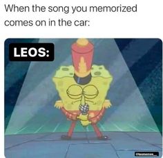 a cartoon character holding a microphone with the caption when the song you memoized comes on in the car leos