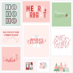 merry and bright christmas cards in pink, green, red and white with hand lettering