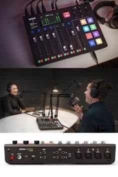 the sound board is connected to headphones and microphones, while two people sit in front of it