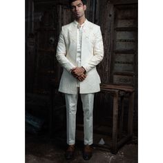 Men's Wedding Wear White Suit Set Short open front Jacket with Embroidered Kurta and Trouser Indian Wedding Occasions Men's Clothing Items - Kurta Pant and Jacket  Fabric - Orgenza, Giza Cotton Color - Off White  Sleeves - Long Sleeveless Kurta Length - 31 Jacket Length - 34 Pant Length - 40 Size - (XS), (S), (M), (L), (XL), (2XL) Size chart attached in images mentions garment measurements in inches. For any sizing queries or getting a customized fit, please message us on Etsy. WASH & CARE Gentl Fitted Sherwani With Chikankari Embroidery For Groom, Fitted Chikankari Embroidery Sherwani For Groom, Traditional Drape Sets For Eid Ceremony, Eid Ceremony Sets With Traditional Drape, White Nehru Jacket For Groom With Traditional Drape, White Nehru Jacket With Traditional Drape For Groom, Festive Nehru Jacket With Intricate Embroidery For Groom, Traditional Suits For Wedding And Eid, Fitted Unstitched Wedding Suit With Chikankari Embroidery