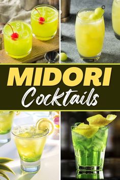 various shots and drinks with the words midori cocktails written in yellow on them