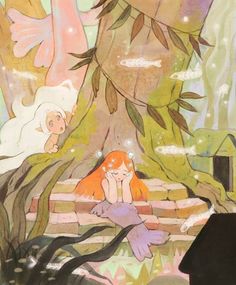 the little mermaids are sitting on the bench in the forest, and one is holding her hand up to her face