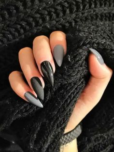 Gray Almond Nails Design, Nails Grey And Black, Gray Black Nails, Black And Gray Nail Designs, Stormy Nails, Rocker Nails Punk, Black Grey Nails, Matte Black Almond Nails, Dark Nails Inspiration