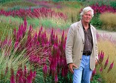 an older man standing in front of purple flowers and grass with his hands on his hips