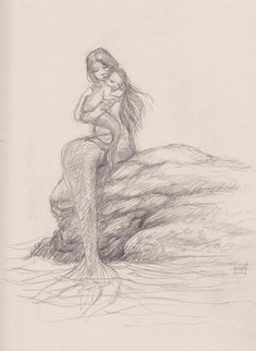 a pencil drawing of a mermaid sitting on a rock with her arms around her neck