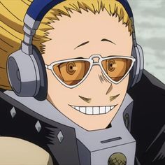 an anime character with headphones and glasses smiling at the camera while wearing ear phones