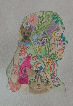 a drawing of a woman's face with cats and flowers on her head,