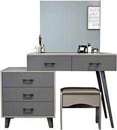 an image of a dressing table with mirror and stool