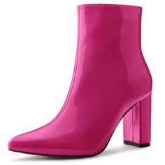 This lacquer technology of patent leather shows one kind of luxury; the mirror surface, just right height ankle boots, paired well with dress, jeans or skirts. Besides, the pointed toe style, can make your legs more slender, easy on and off with the boots of the zipper style. Patent Leather Ankle Boots; Side Zip Boots; Block Heel; Ankle High; Comfortable Insole;Vamp: PU; Outsole: Rubber; Heel: ABS; Heel Height: 3 5/9(9cm); Shaft Height: 5 1/8(13cm). Color: hot pink. Gender: female. Age Group: ad Halloween Heels, Professional Heels, Western Dress With Boots, Color Block Heels, Chunky Heel Ankle Boots, Side Zip Boots, Dress Jeans, Mirror Surface, Womens Chunky Heels