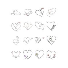 hearts drawn in different ways on a white background with the words love written across them