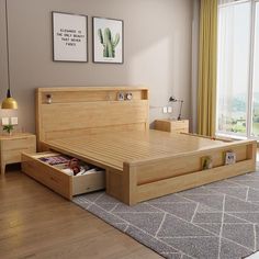 a bed room with a neatly made bed and two nightstands next to a window