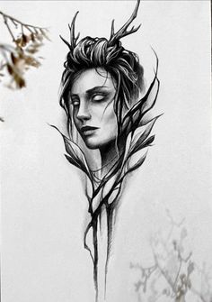 a drawing of a woman's face with leaves on her head and branches around her neck