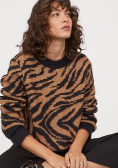 Zebra Sweater, Brown Zebra Print, Animal Print Outfits, Animal Print Fashion, Copenhagen Fashion Week, Grey Knit Sweater, Saint Laurent Paris, Budget Fashion, Jacquard Knit