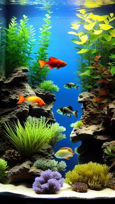 an aquarium filled with lots of different types of plants and fish swimming in the water