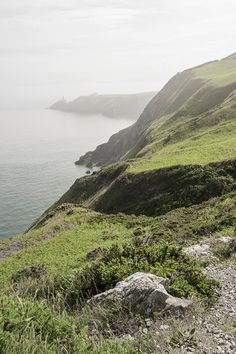 the sheep is grazing on the side of the hill by the water's edge