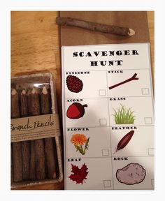 the scavenger hunt is next to a box of matches and a stick of wood