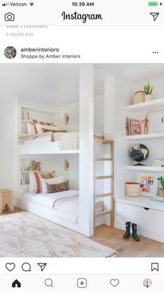 a white bedroom with bunk beds and bookshelves