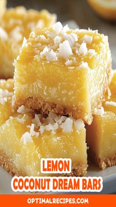 lemon coconut dream bars stacked on top of each other