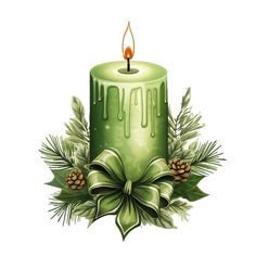 a green christmas candle with holly and pine cones