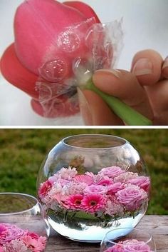 two pictures, one with flowers in a fish bowl and the other with water inside