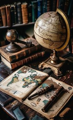 an old world globe, books and pen on a table