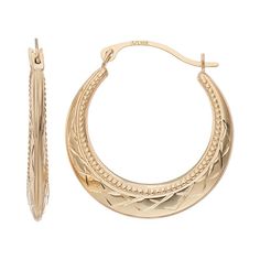 Adorned with diamond-cut and milgrain details, these 14k gold hoop earrings are the epitome of classic style.EARRING DETAILS Diameter: .83 in. Backings: click-it Metal: 14k gold Size: One Size. Gender: female. Age Group: adult. Classic 14k Gold Diamond Cut Huggie Earrings, 14k Gold Diamond Cut Hoop Earrings For Anniversary, Classic Small Hoop Diamond Cut Earrings, Heirloom Hoop Jewelry For Anniversary, Classic Pierced Hoop Earrings For Anniversary, Elegant Small Diamond Cut Hoop Earrings, Elegant Yellow Gold Semi-circle Jewelry, Small Hoop Diamond Cut Jewelry For Formal Occasions, 14k Gold Huggie Earrings With Diamond Cut