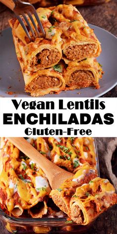 an enchiladas dish with meat and cheese is shown in this collage