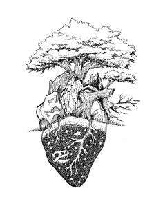 a drawing of a tree growing out of the side of a heart shaped piece of paper