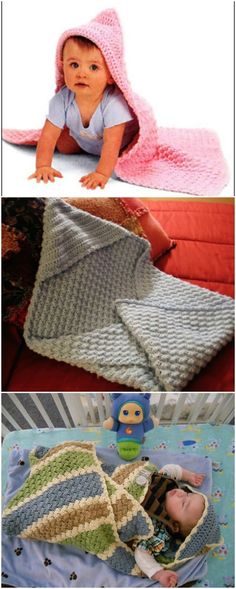 there are two pictures of babies in crocheted blankets and one is laying on the bed