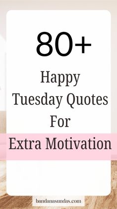 the words 80 + happy tuesday quotes for extra motivation on a white sign with pink border