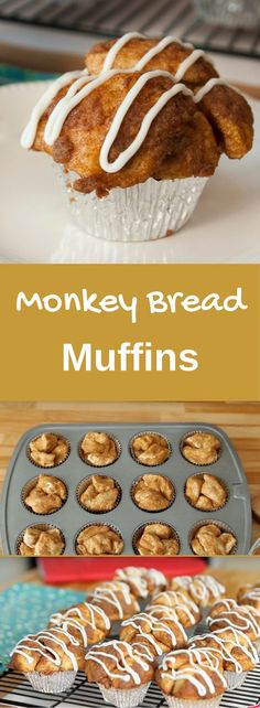 muffins with icing and cinnamon on top are shown in this collage